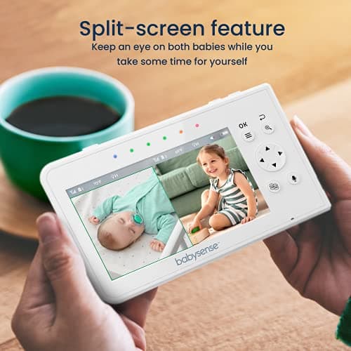 Babysense Baby Monitor with 2 Cameras and Audio 4.3", Non Wifi Baby Monitor, Dual Split Screen, Portable Double Sleep Video Monitoring, Auto Night Vision & Light, Lullabies & White Noise Two-Way Audio 2