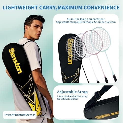 Senston Professional Badminton Rackets Set of 4 - Carbon Fiber, 6 Shuttlecocks, 4 Grips & Bag for Backyard Games | 90g Lightweight 4