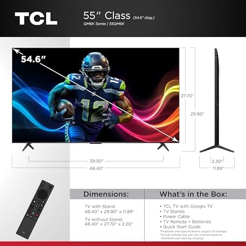 TCL 55 Inch Class QM6K Series | Mini LED QLED 4K HDR | 55QM6K, 2025 Model | 120HZ-144HZ High Brightness Smart Google TV Dolby Atmos Onkyo Audio | Voice Remote Alexa Gaming Streaming Television 2