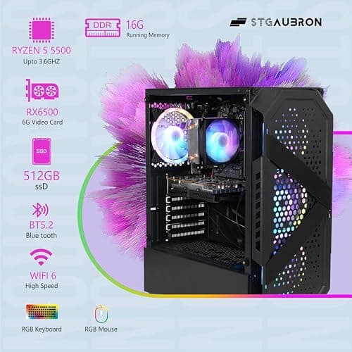 STGAubron Gaming PC Desktop Computer, AMD Ryzen 5 5500 up to 4.2G, Radeon RX 6500 4G, 16GB DDR4, 512GB SSD, WiFi 6, BT 5.2, RGB Fan x4, Windows 11 Home 3