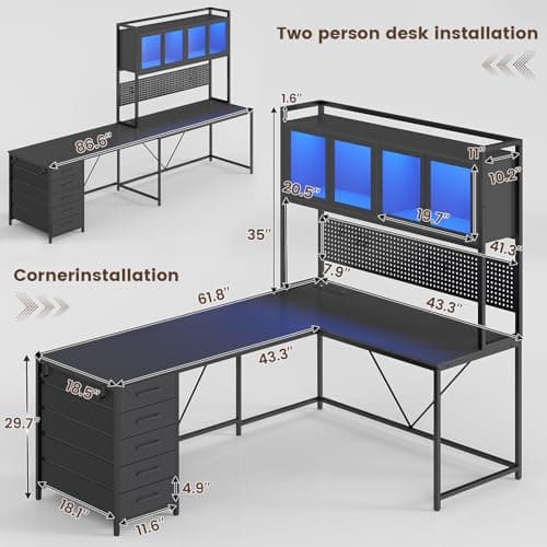 SEDETA L Shaped Gaming Desk with Drawers, L Shaped Computer Desk with Hutch and Storage Shelves, Gaming Desk with Pegboard, Led Lights, and Power Outlet, Home Office Desk, Corner Desk, Black 3