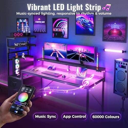 PRAISUN 61.7" Gaming Desk with LED Lights & Outlets, Computer Desk with 3 Fabric Drawers, PC Desk with PC Case Stand & Movable Storage Shelves, Monitor Stand, Reversible, Carbon Fiber Black 3