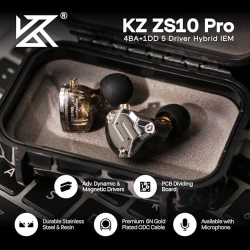 Linsoul KZ ZS10 Pro, 4BA+1DD 5 Driver in Ear Monitor, HiFi Wired Earbuds, Gaming Earbuds, Hybrid IEM Earphones with Stainless Steel Faceplate, Detachable Cable for Musician(Without Mic, Black) 2