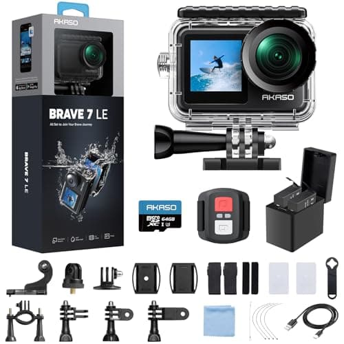 AKASO Brave 7 LE 4K30fps Action Camera with 64GB MicroSDXC U3 Memory Card Accessories Kit Bundle Ultra HD 131FT Waterproof Camera EIS 2.0 WiFi Remote Control Zoom Underwater Camera
