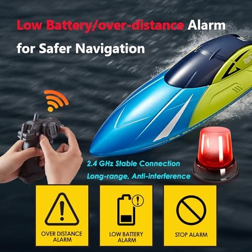 RC Boat with LED Light, Remote Control Boat for Pools and Lakes, 3+ Hours, 2.4Ghz 20+ MPH Electric Boats for Kids & Adults, 2 Rechargeable Batteries, Low Battery Alarm, Summer Water Toys Gifts, Blue 4