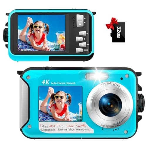 4K Underwater Camera 64MP Autofocus 16FT Waterproof Camera Dual-Screen Selfie 16X Underwater Camera for Snorkeling Waterproof Compact Floatable Digital Camera with 32GB Card