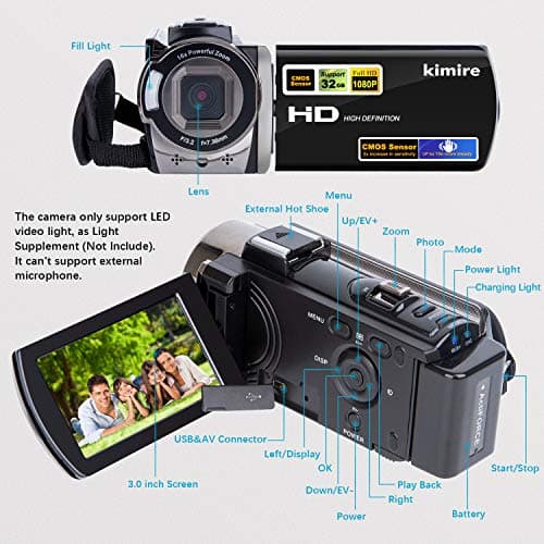 kimire Video Camera Camcorder Digital Camera Recorder Full HD 1080P 15FPS 24MP 3.0 Inch 270 Degree Rotation LCD 16X Digital Zoom Camcorder Camera with 2 Batteries(Black) 2