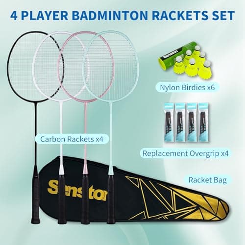 Senston Professional Badminton Rackets Set of 4 - Carbon Fiber, 6 Shuttlecocks, 4 Grips & Bag for Backyard Games | 90g Lightweight 2