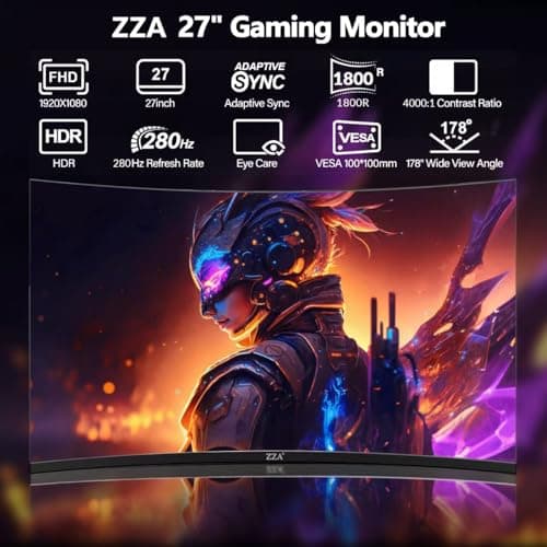 ZZA 27 Inch Gaming Monitor 280Hz 240Hz 1080p 1ms VRB Blue Light Shift Machine Black Curved 100% sRGB, Adaptive FreeSync,Display Port DP HDMI VESA Mounting Compliant 2
