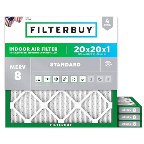 Filterbuy 20x20x1 Air Filter MERV 8 Essential Dust & Allergy Defense (4-Pack), Electrostatic Pleated HVAC AC Furnace Filters Replacement, Made in USA (Actual Size: 19.50 x 19.50 x 0.75)