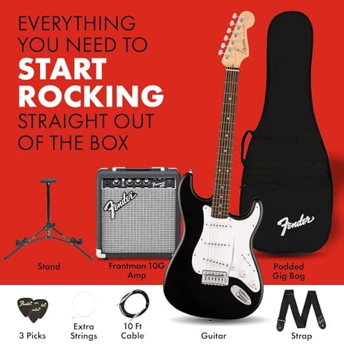 Fender Squier Debut Series Stratocaster Electric Guitar Kit, Beginner Guitar Kit, with 2-Year Warranty, with Padded Gig Bag, Frontman 10G Amp, Strap, and More, Includes Free Lessons, Black 2