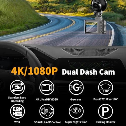 Dash Cam Front and Rear: 4K Dual Channel Dash Cam - 5GHz WiFi, Dash Camera for Cars with 64GB Card, 2" IPS, App Control, G-Sensor, Loop Recording, 170° Wide Angle, Night Vision, 24H Parking Mode 2