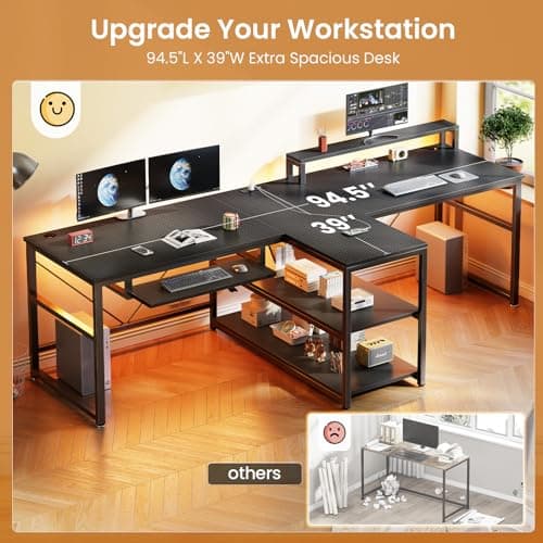 SEDETA 94.5" Gaming Computer Desk, 2 Person Office Desk with Storage, LED Lights, Power Strip, Long Desks with Keyboard Tray & Monitor Stand for Home Office, Carbon Fiber Black 5