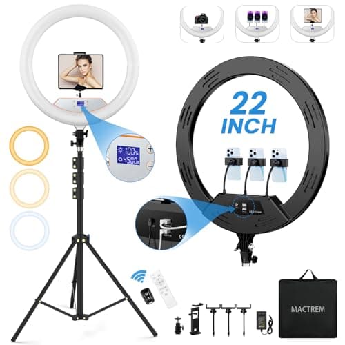 22'' Ring Light with 75'' Tripod Stand, LED Display/2 USB Ports/6500K Dimmable Ring Light for ipad Phone Holder for Tattoo Lash Live Makeup Video Recording TikTok Barber Stylist Photography