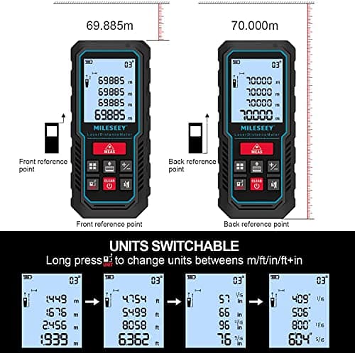 Laser Measure Device, MiLESEEY 229ft Digital Laser Tape Measure with Upgrade Electronic Angle Sensor, 2mm Accuracy, Area Measurement,Volume and Pythagoras, 2" LCD Backlit,Mute, Battery Included 2