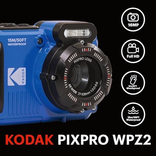KODAK PIXPRO WPZ2 Rugged Waterproof Shockproof Dustproof WiFi Digital Camera 16MP 4X Optical Zoom 1080P Full HD Video Vlogging Camera 2.7" LCD (Blue) 3