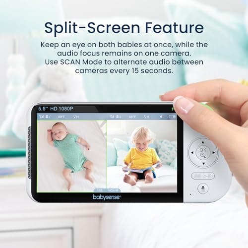 Babysense 5.5” 1080p Full HD Split-Screen Baby Monitor, Video Baby Monitor with 2 Cameras and Audio, 6-Color RGB Night Light, 1000ft Range, Two-Way Audio, 4X Zoom, 5000mAh Battery 2