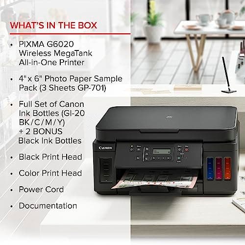 Canon PIXMA G6020 All-in-One Supertank Wireless (Megatank) Printer, Copier and Scan with Mobile Printing, Black, Works with Alexa 7