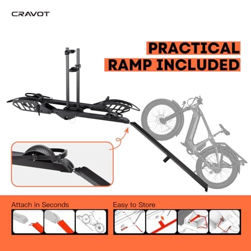 CRAVOT CyberRack E2 Hitch 2 EBike Rack with Ramp, 200 lbs Capacity Electric Bike Carrier Foldable Platform Mount, Up to 5-inch Fat Tire Bicycle for 2'' Receiver Cars Trucks SUVs Minivans RV, Trailer 2