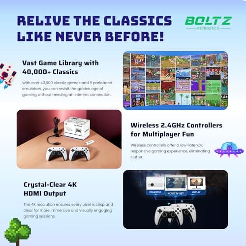 Boltz Retro Stick Gaming Stick – Retro Gaming Console with 40,000+ Classic Video Games, 9 Emulators, 128GB Storage, Plug & Play 4K HDMI Output, Includes 2 Wireless 2.4GHz Controllers 3
