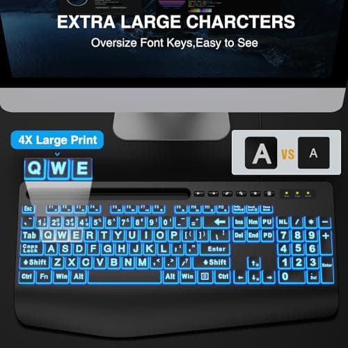SABLUTE Large Print Backlit Keyboard, Wired USB Computer Keyboards with 7-Colors Backlight, Wrist Rest, Phone Holder, Oversized Letter Keys Easy to See and Type for Laptop, PC, Windows, Black 2