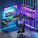 AODK L Shaped Desk Gaming Desk with LED Light & Power Outlet, 53 Inch Reversible L Shaped Computer Table with Shelf & Storage Bag & Hook for Home Office, Black 2