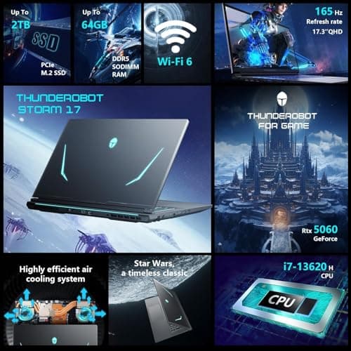 Thunderobot Storm 17 5060 Gaming Laptop, 17.3" QHD 165Hz 2K Display, Core i7-13620H, GeForce RTX 5060, 64GB DDR5 RAM, 2TB SSD, RGB Backlit Keyboard, Wi-Fi 6, Win11 Home 2