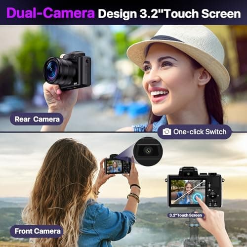 8K Digital Cameras for Photography with WiFi,Autofocus 88MP Vlogging Camera for YouTube with Dual-Lens,16X Digital Zoom Point and Shoot Camera,3.2''Touch Screen, Anti-Shake,2 Batteries &Charging Stand 3