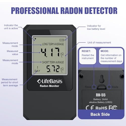 Life Basis Home Radon Detector, Portable Radon Tester for Home with Long and Short Term Radon Monitoring 0-500 pCi/L Range Battery Operated (Including Battery) 5