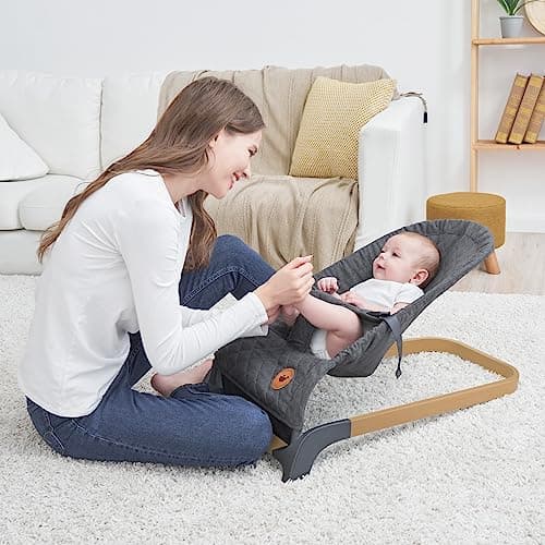 ANGELBLISS Baby Bouncer, Portable Bouncer Seat for Babies, Infants Bouncy Seat with Wood Grain Base, Natural Vibrations (Grey) 2