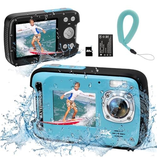 YEEIN Underwater Camera 4K 48MP Autofocus Selfie Dual Screen Waterproof Camera with Floating Strap and 32GB Card, 17FT Compact Waterproof Digital Camera, Fill Light Underwater Camera for Snorkeling
