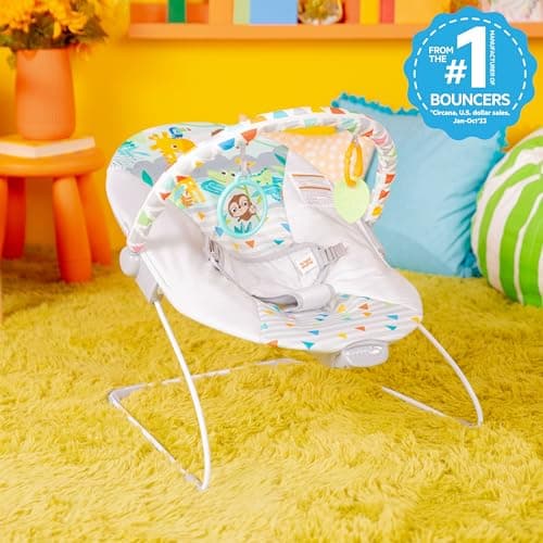 Bright Starts Baby Bouncer Soothing Vibrations Infant Seat - Removable -Toy Bar, Nonslip Feet, 0-6 Months Up to 20 lbs (Safari Fun) 3