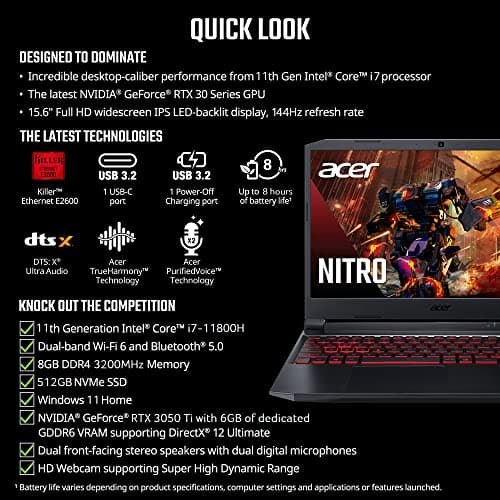 Acer Nitro 5 AN515-57-79TD Gaming Laptop | Intel Core i7-11800H | NVIDIA GeForce RTX 3050 Ti Laptop GPU | 15.6" FHD 144Hz IPS Display | 8GB DDR4 | 512GB NVMe SSD | Killer Wi-Fi 6 | Backlit Keyboard 4