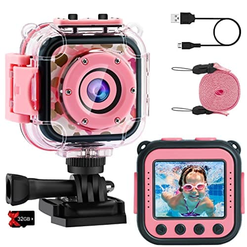 PROGRACE Kids Waterproof Camera - Birthday for 3-12 Year Old Girls 1080P HD Underwater Video Camera for Kids Pool Toys Toddler Digital Cameras with 32GB SD Card Pink