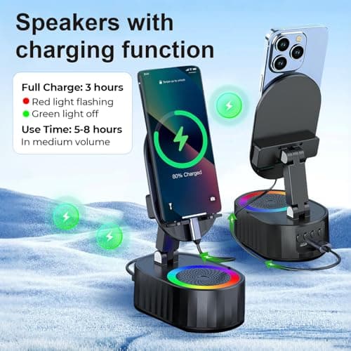 AKLLCCR Wireless Induction Audio Bluetooth Speaker 5in1 Phone Holder Emergency Rechargeable (3000mAh) with Colorful Ambient Light 300° Foldable for Tablet iPhone Android, Gifts for Men Women (Black) 4