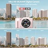 Digital Camera for Photography, 4K Vlogging Camera for YouTube 3" 180° Flip Screen 18X Digital Zoom Compact Cameras with 32GB TF Card & 2 Batteries, Pink 2