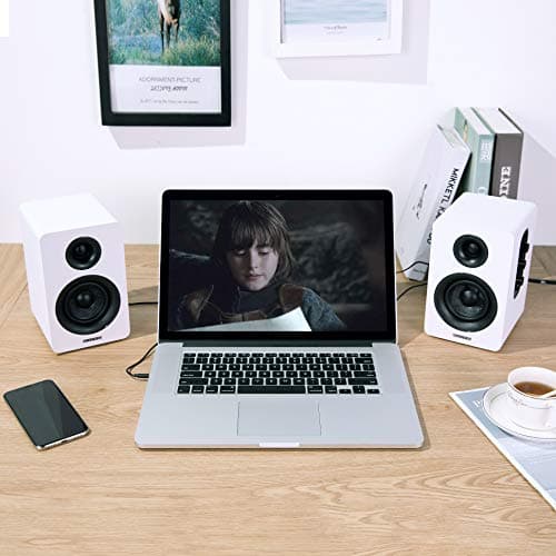 Sanyun SW208 3" Active Bluetooth 5.0 Bookshelf Speakers – 60W Carbon Fiber Speaker Unit - Built-in 24bit DAC Dynamic 3D Surround Sound 2.0 Computer PC Monitor Gaming (Pair, White) 5