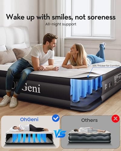 OhGeni Queen Air Mattress with Built in Pump, Inflatable Mattress Blow Up Bed 18 Raised Comfort,Upgraded Surface Portable Mattress, Air Bed for Camping, Home and Guest, Colchone Inflable, 650 lbs Max 5