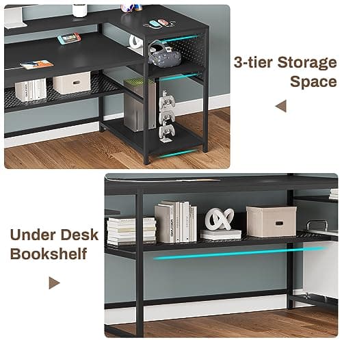 SEDETA L Shaped Gaming Desk, Reversible Computer Desk, Gaming Desk with Power Outlets & LED Strip, Monitor Shelf, Keyboard Tray, Pegboard and Storage Shelves for Home Office, Black 5