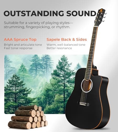 Vangoa 41" Acoustic Guitar Bundle for Adults Beginners Teens Dreadnought Full Size Cutaway Guitarra Acústica Kit with Wooden Bindings, Gig Bag, Tuner, Steel Strings, Capo, Strap, Black 3