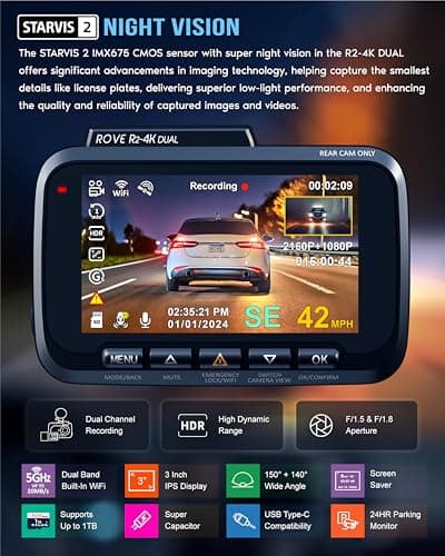 ROVE R2-4K DUAL Dash Cam Front and Rear, STARVIS 2 Sensor, FREE 128GB Card Included, 5G WiFi - up to 20MB/s Fastest Download Speed with App, 4K 2160P/FHD Dash Camera for Cars, 3" IPS, 24H Parking Mode 2