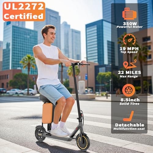 Qlaway 8.5" E Scooter for Adults with Seat 19 MPH 350W Motor 281 WH Battery, Motorized Up to 20 Miles Range, Foldable Scooter Bearing 265 LBS/APP Control-Gray 2