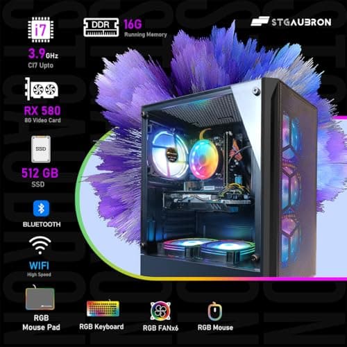 STGAubron Gaming PC Desktop Computer, Intel Core i7 up to 3.9GHz, Radeon RX 580 8G, 16G RAM, 512G SSD, WiFi 6, Bluetooth 5.2, RGB Fan x6, Windows 11 Home 5