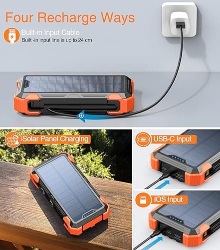 GOODaaa Portable Charger 42800mAh Built in 4 Cables and Thermometer 15W Fast Charging Power Bank Five Outputs Three Inputs Solar Charger Power Bank, SOS/Strobe/Strong Flashlights, Carabiner 4