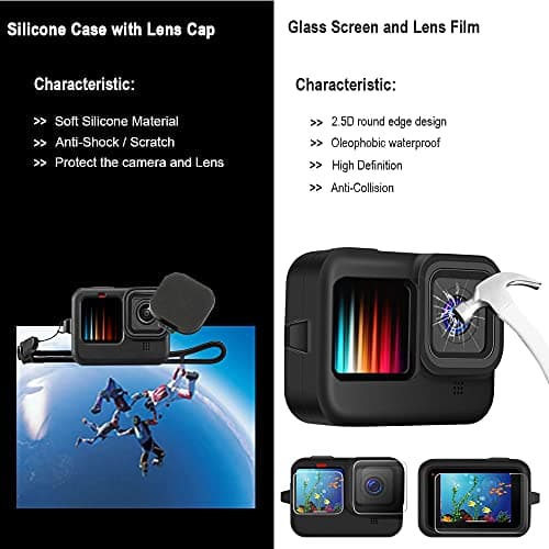 Accessories Kit for Gopro Hero 13 12 11 10 9 Black Waterproof Housing Silicone Case Glass Screen Protector Bundle for Go pro Gopro13 Gopro12 Gopro11 Gopro10 Hero13 Hero12 Hero11 Hero10 Camera 62E 4