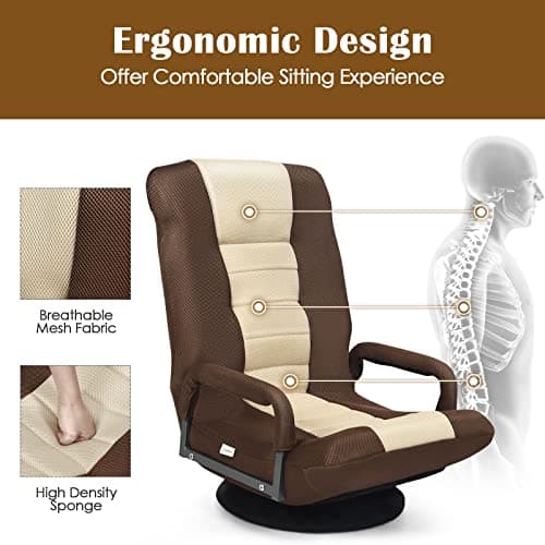 Giantex Floor Gaming Chair, 360 Degree Swivel Floor Chair w/Armrests, 6 Adjustable Position, Padded Backrest, Folding Floor Rocker for Games, Lazy Sofa Lounger, Brown/Beige 4