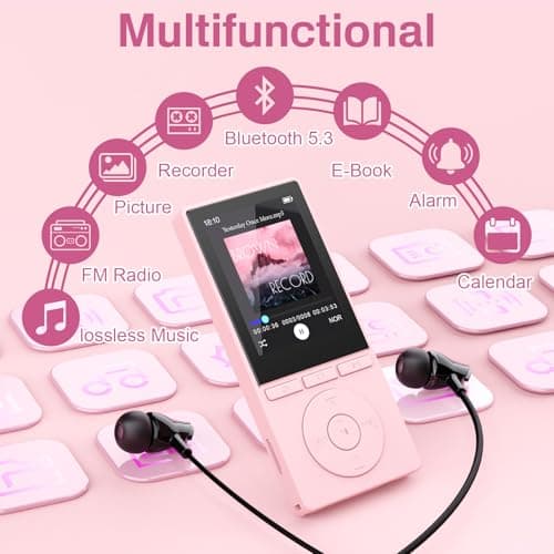 64GB MP3 Player with Bluetooth 5.3, Music Player with HiFi Sound for Sports Runners, 2.4" Screen MP3 Player Built in HD Speaker Voice Recorder E-Book, Expanded Up to 128GB, Earphone Included, Pink 2