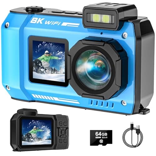SPUNALP UHD 8K Underwater Camera, 70MP 33FT WiFi Waterproof Digital Camera with 64GB Card, Auto Focus Waterproof Dual-Screen Selfie 2500mAh Battery, 18X Floatable Digital for Snorkeling, Blue