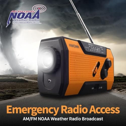 FosPower NOAA Emergency Weather Radio A1 7400mWh Portable Power Bank, AM/FM, USB/Solar/Hand Crank Charging, Battery Operated, SOS Alarm & Flashlight for Indoor/Outdoor Emergency - Orange 4