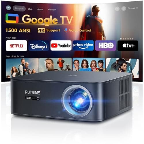[1500 ANSI/Google TV/Voice Control]Smart Projector with WiFi 6 and Bluetooth, 4K Support, Outdoor Movie Proyector, 1080P Home Ceiling Auto Focus Projector, PUTRIMS K12 Gray